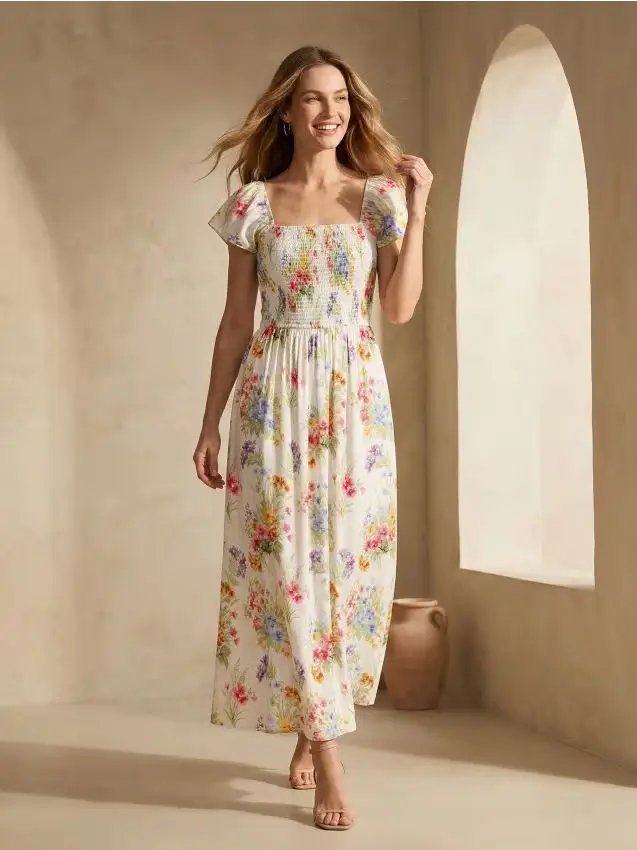 Abito midi con arricciature e viscosa con stampa floreale - multicolor