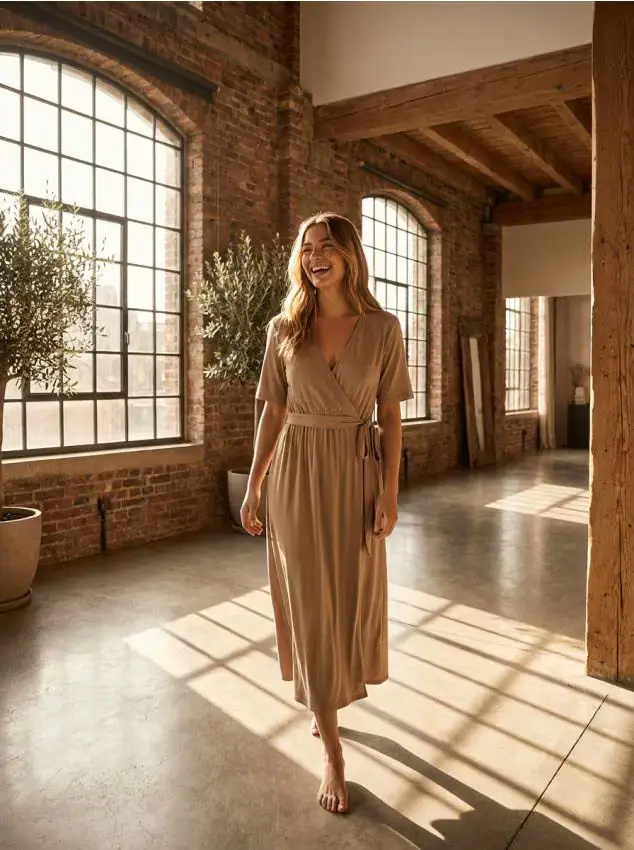 Abito midi con cintura in tessuto con modal - beige