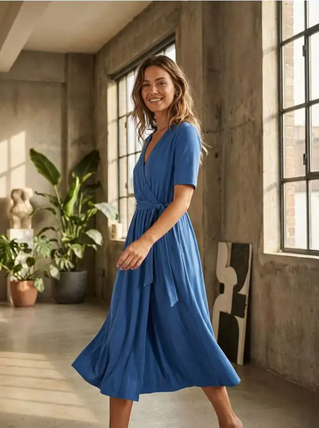 Abito midi con cintura in tessuto con modal - indaco