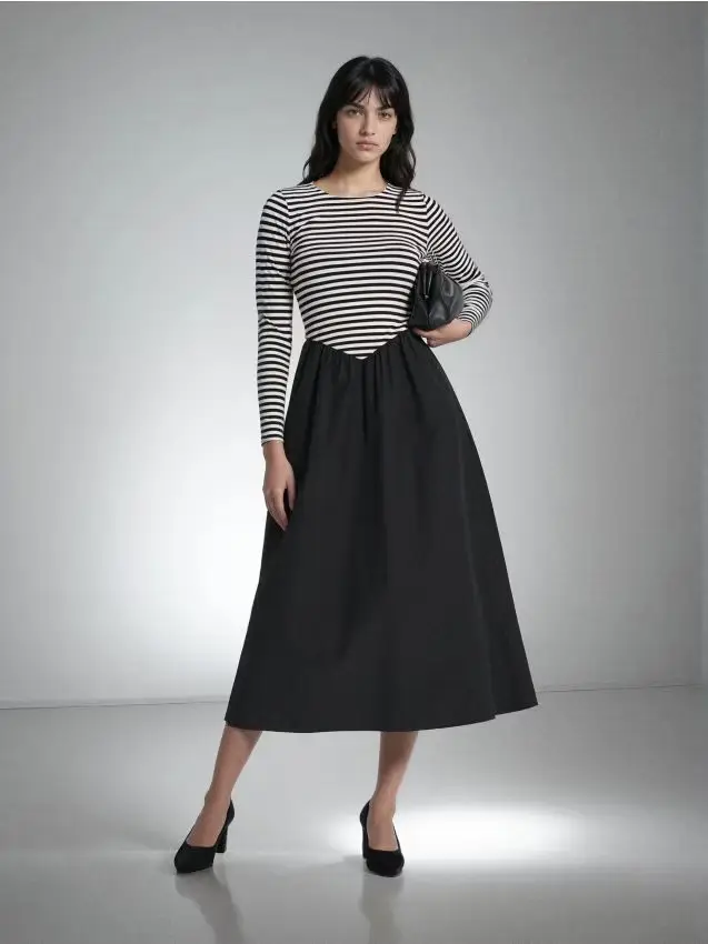 Abito midi con fondo a contrasto - nero