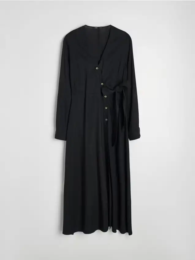 Abito midi con laccetto decorativo e viscosa - nero