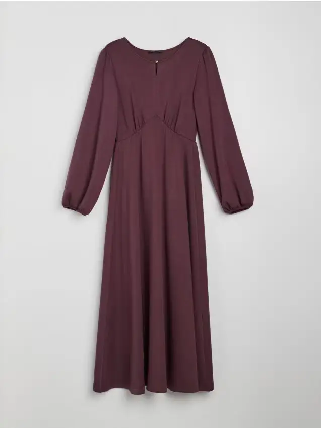 Abito midi con maniche a sbuffo e arricciatura, con viscosa - maroon