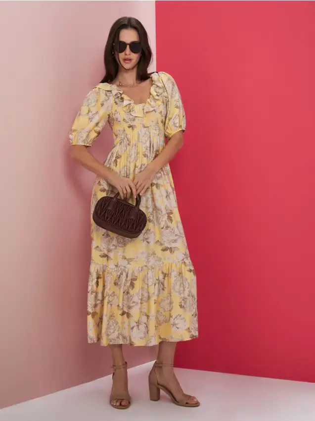 Abito midi con maniche a sbuffo e arricciature - multicolor