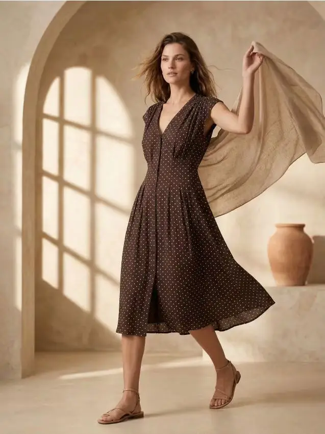 Abito midi con pieghe e arricciature in viscosa a pois - multicolor