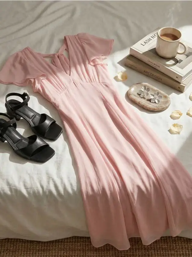 Abito midi con profonda scollatura sulla schiena con viscosa - rosa pastello