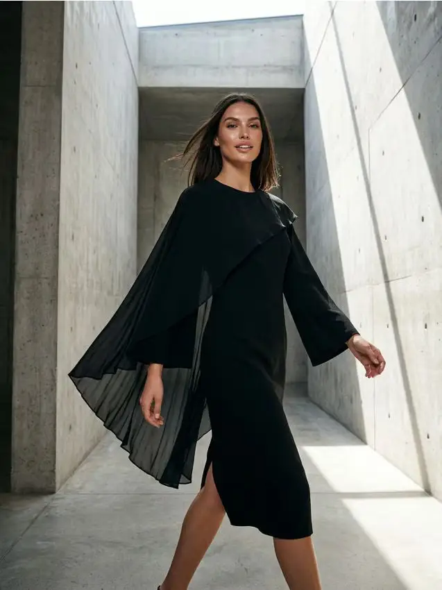 Abito midi elegante con dettaglio asimmetrico in chiffon - nero