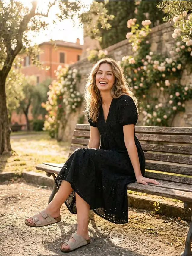 Abito midi in cotone ajour con arricciature - nero