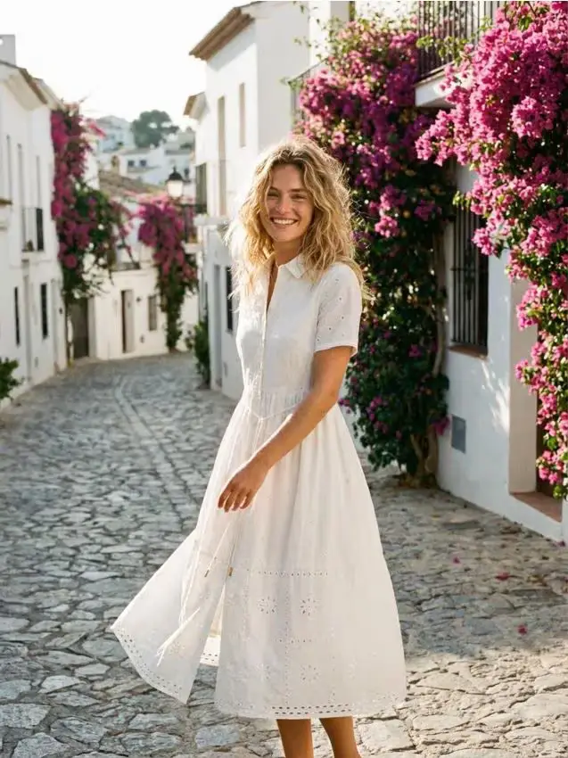 Abito midi in cotone con dettagli traforati - bianco