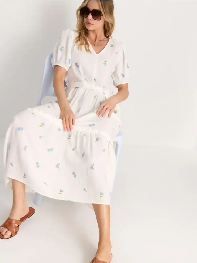 Abito midi in cotone con fiori ricamati - multicolor