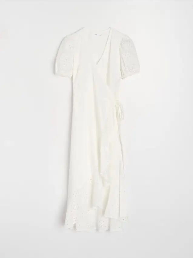 Abito midi in cotone traforato con balza e laccetto - bianco