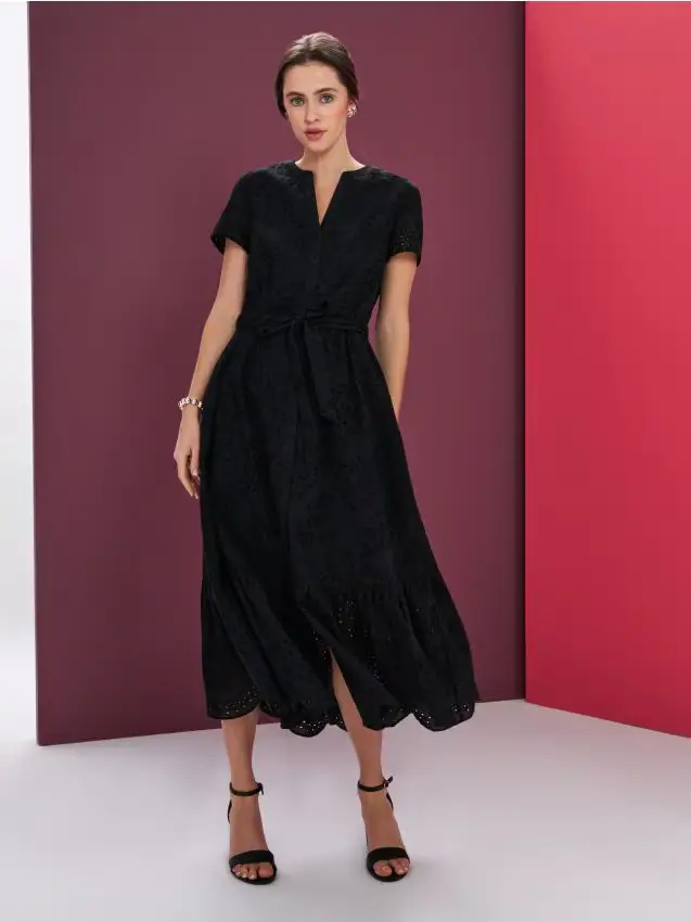 Abito midi in cotone traforato con balza e laccetto - nero