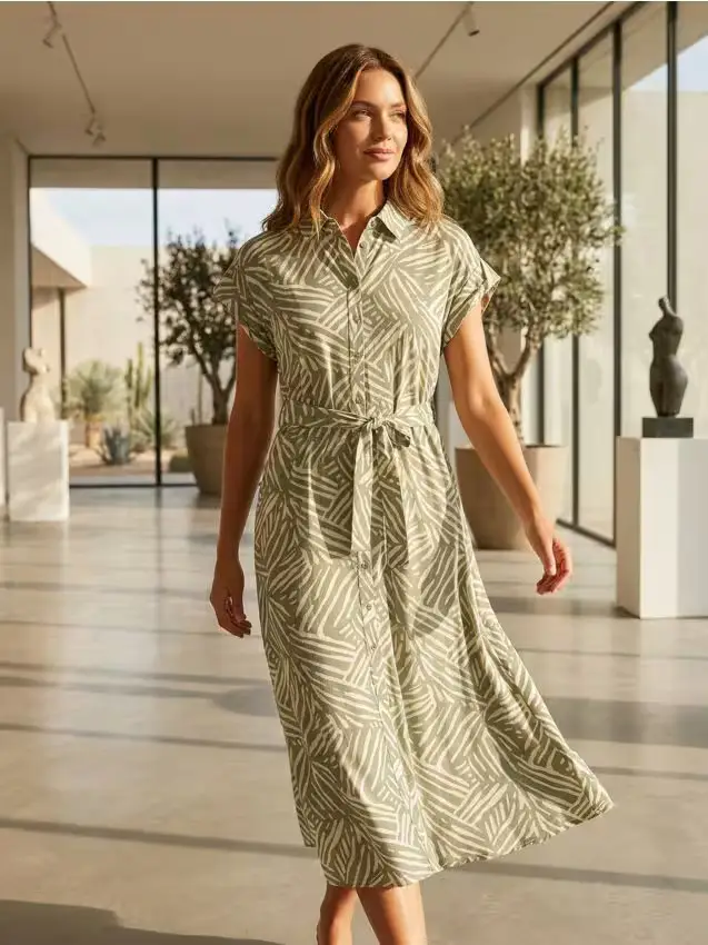 Abito midi in viscosa con colletto - verde chiaro