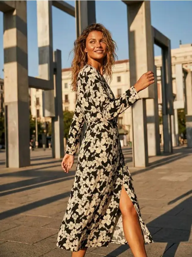 Abito midi incrociato in viscosa con stampa leopardata - multicolor