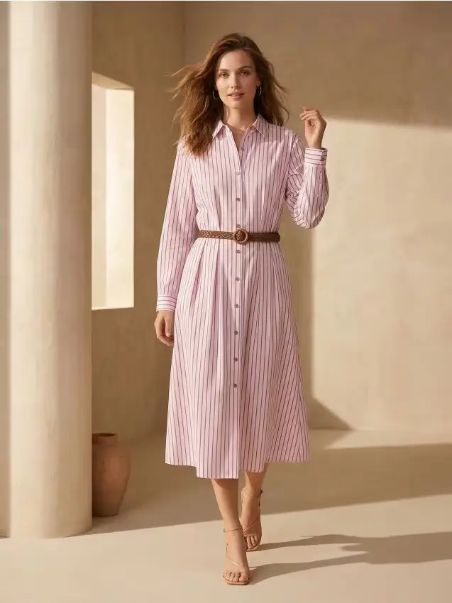 Abito midi stile camicia con cintura intrecciata a righe verticali - multicolor