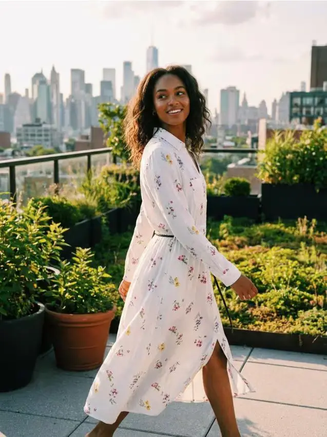 Abito midi stile camicia con viscosa e misto lino con stampa floreale - multicolor