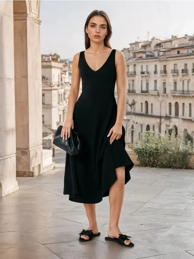 Abito midi strutturato con spalline - nero