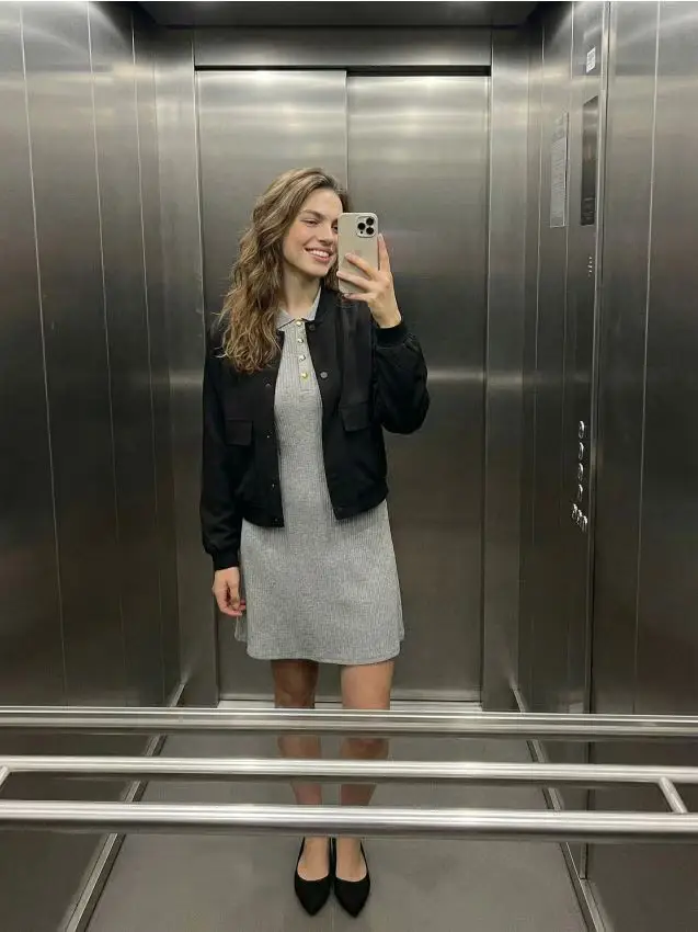 Abito mini a coste con colletto e viscosa - grigio chiaro