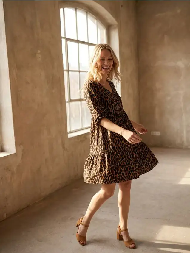 Abito mini babydoll con stampa leopardata - marrone