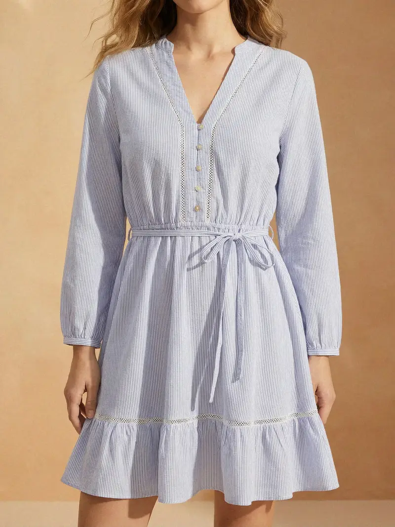 Abito mini babydoll con viscosa e misto lino - multicolor miniatura 5