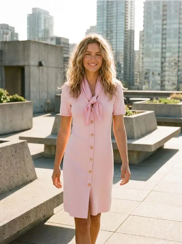 Abito mini con arricciatura in vita e bottoni decorativi - rosa