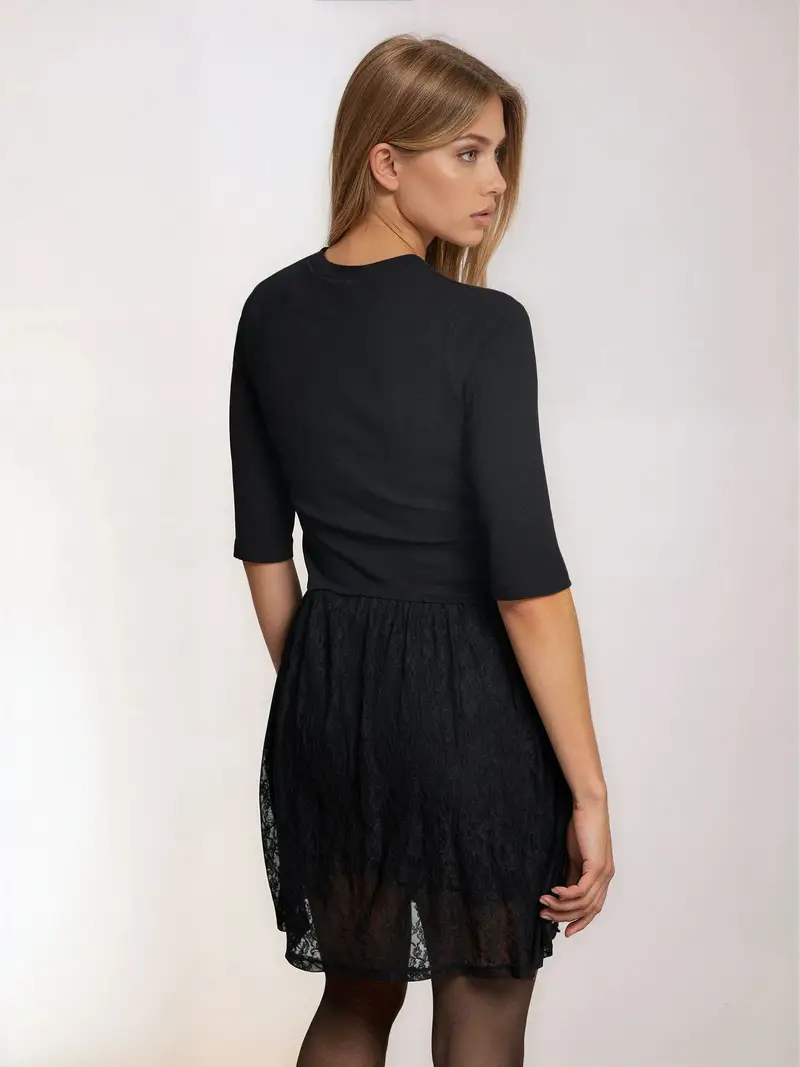 Abito mini con orlo in pizzo - nero miniatura 3