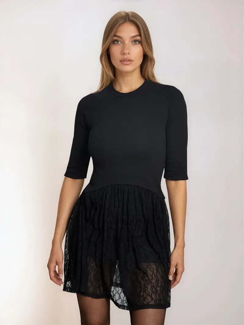 Abito mini con orlo in pizzo - nero miniatura 5