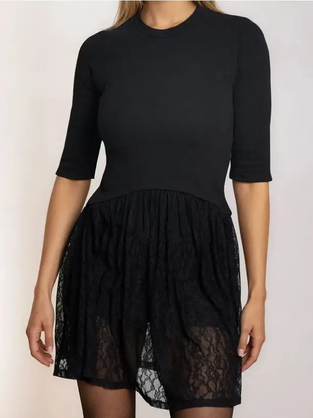 Abito mini con orlo in pizzo - nero