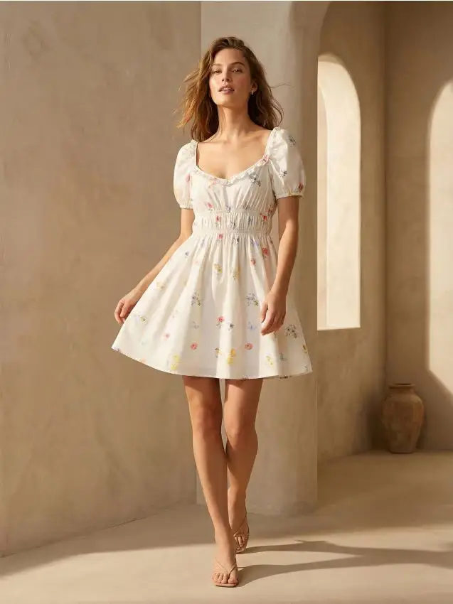 Abito mini in cotone con arricciature - multicolor