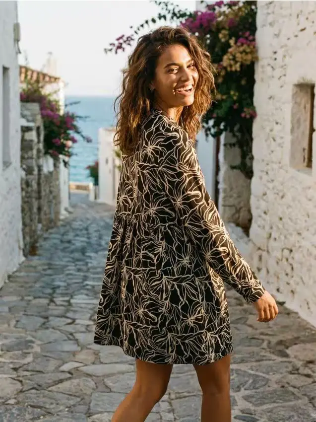 Abito mini in cotone con laccetto sullo scollo - multicolor