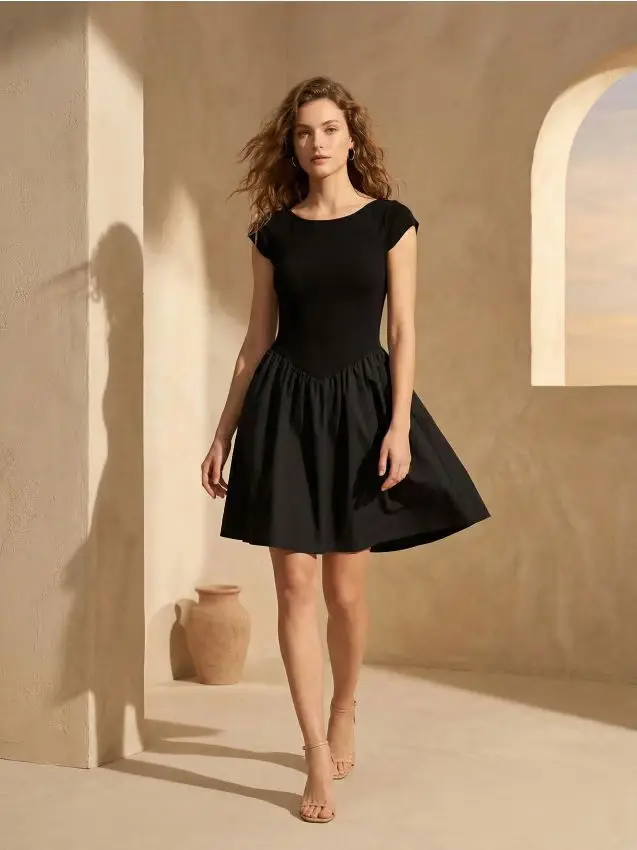 Abito mini in materiali combinati - nero