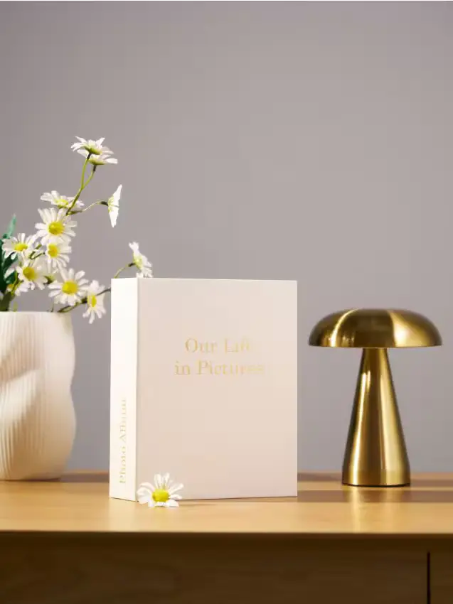 Album fotografico con iscrizione dorata "Our Life in Pictures" - beige