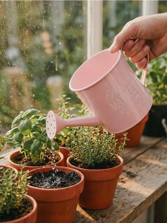 Annaffiatoio in metallo con scritta Flower Market - rosa pastello