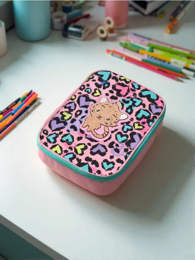 Astuccio con motivo di gatto - rosa pastello