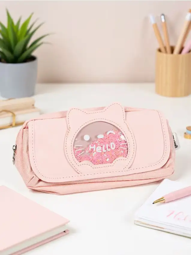 Astuccio con motivo di gatto - rosa pastello