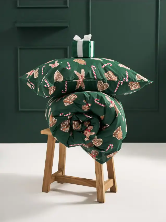 Biancheria da letto natalizia con stampa di omini di pan di zenzero e dolcetti - verde petrolio