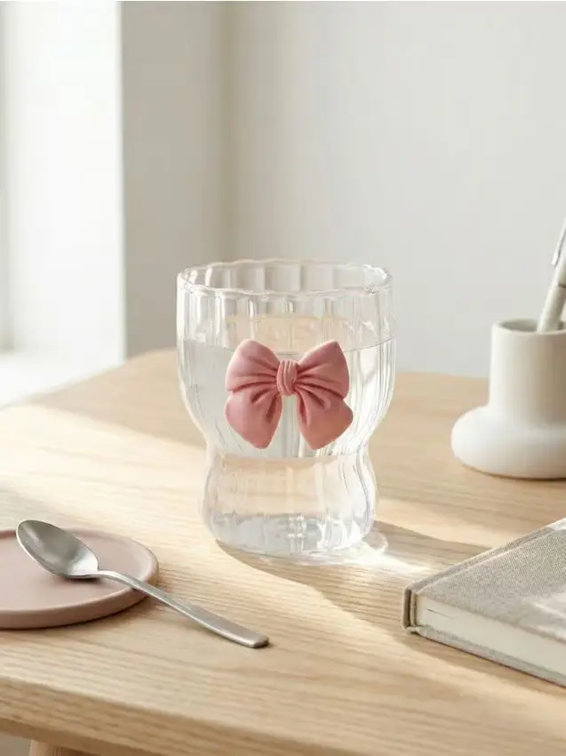 Bicchieri rigati con applicazione a forma di fiocco 2 pezzi - rosa pastello