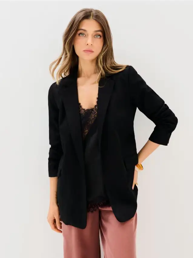 Blazer con maniche arricciate con misto viscosa - nero