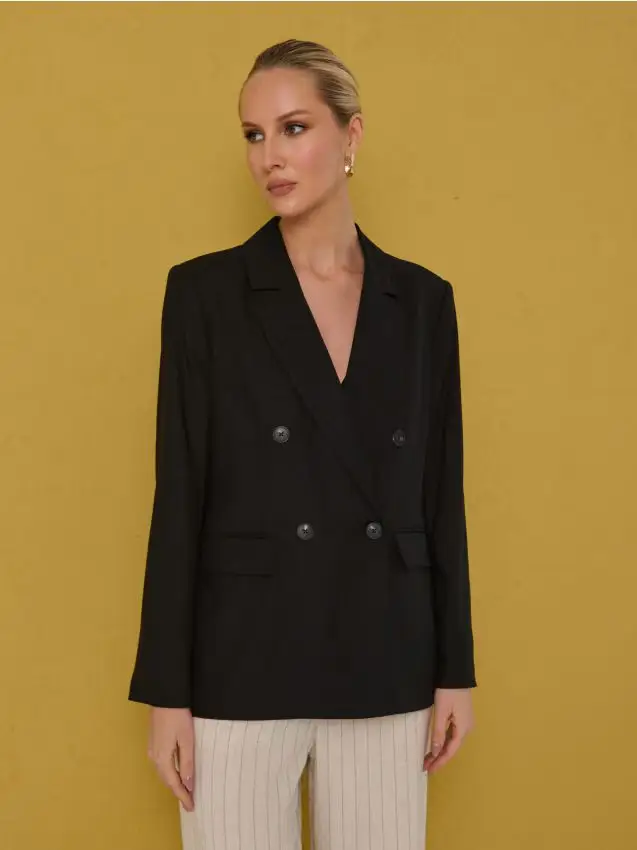 Blazer doppiopetto regular fit in viscosa con mix di lino - nero
