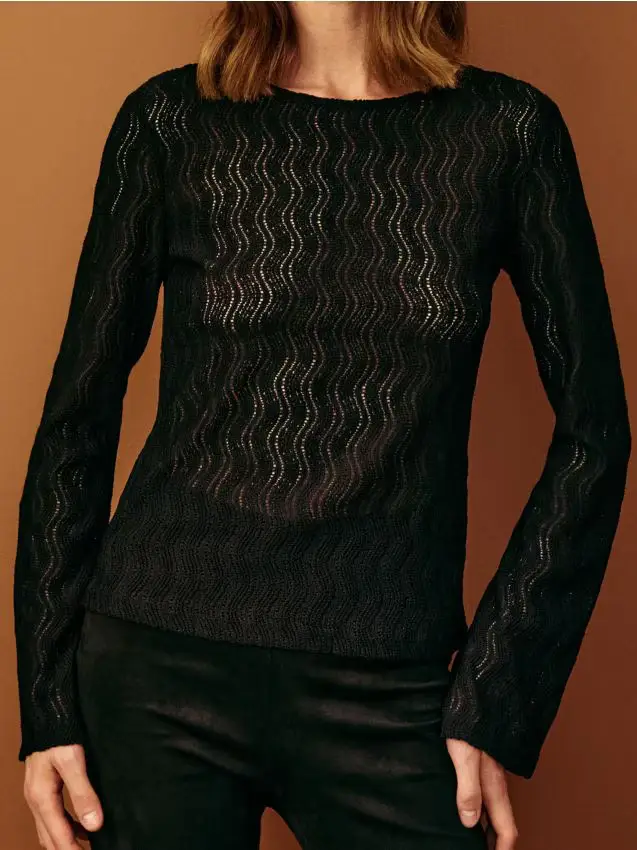 Blusa a maniche lunghe in maglia traforata - nero