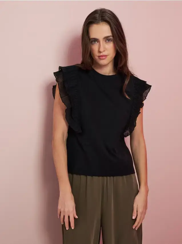 Blusa in cotone con volant decorativi - nero