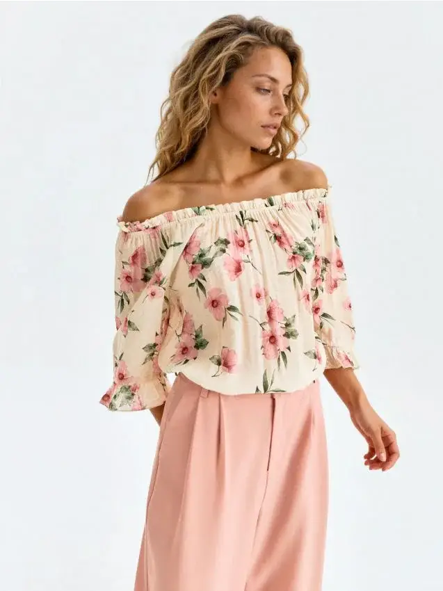 Blusa in viscosa con volants e motivo floreale - multicolor