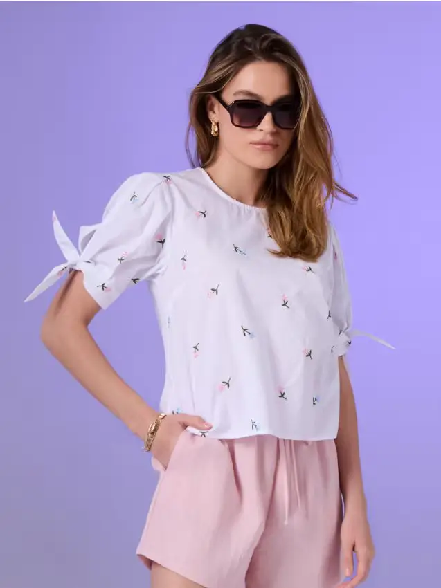 Blusa stile camicia con fiori ricamati e cotone - multicolor