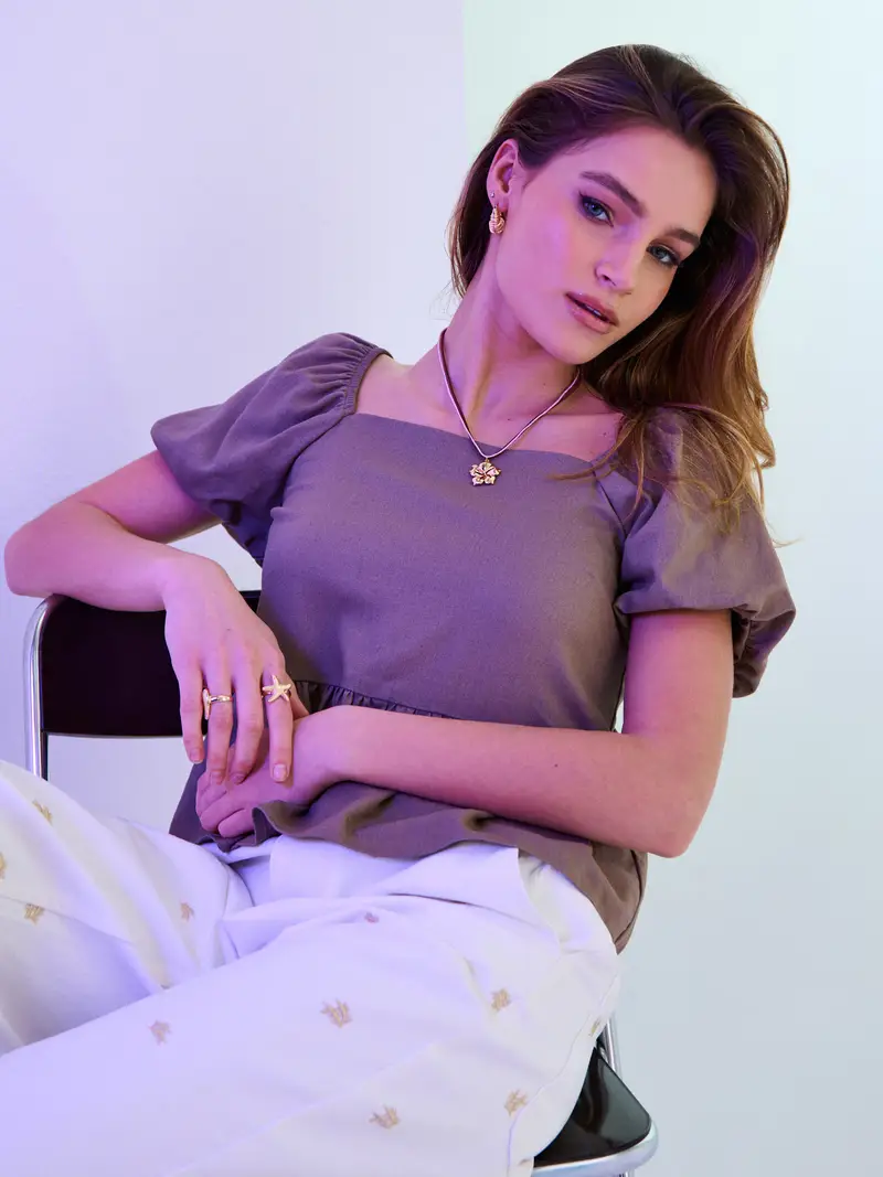 Blusa stile camicia con viscosa e misto lino - marrone scuro miniatura 2