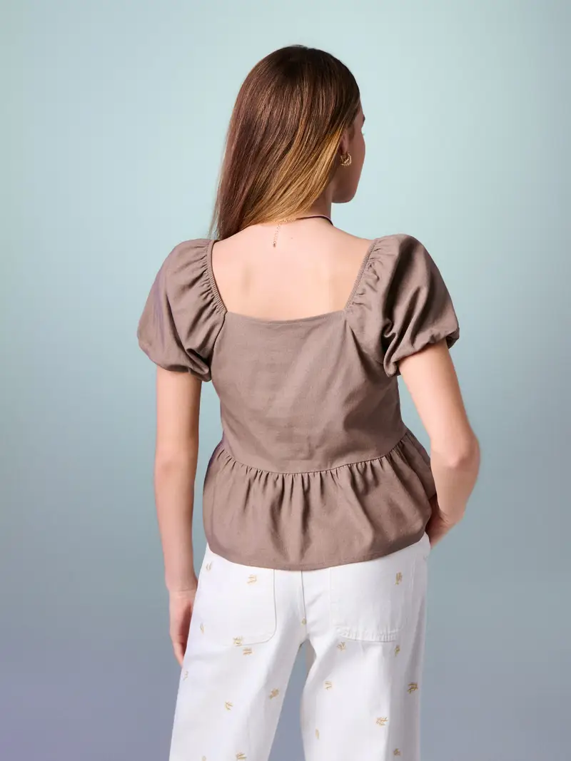 Blusa stile camicia con viscosa e misto lino - marrone scuro miniatura 3