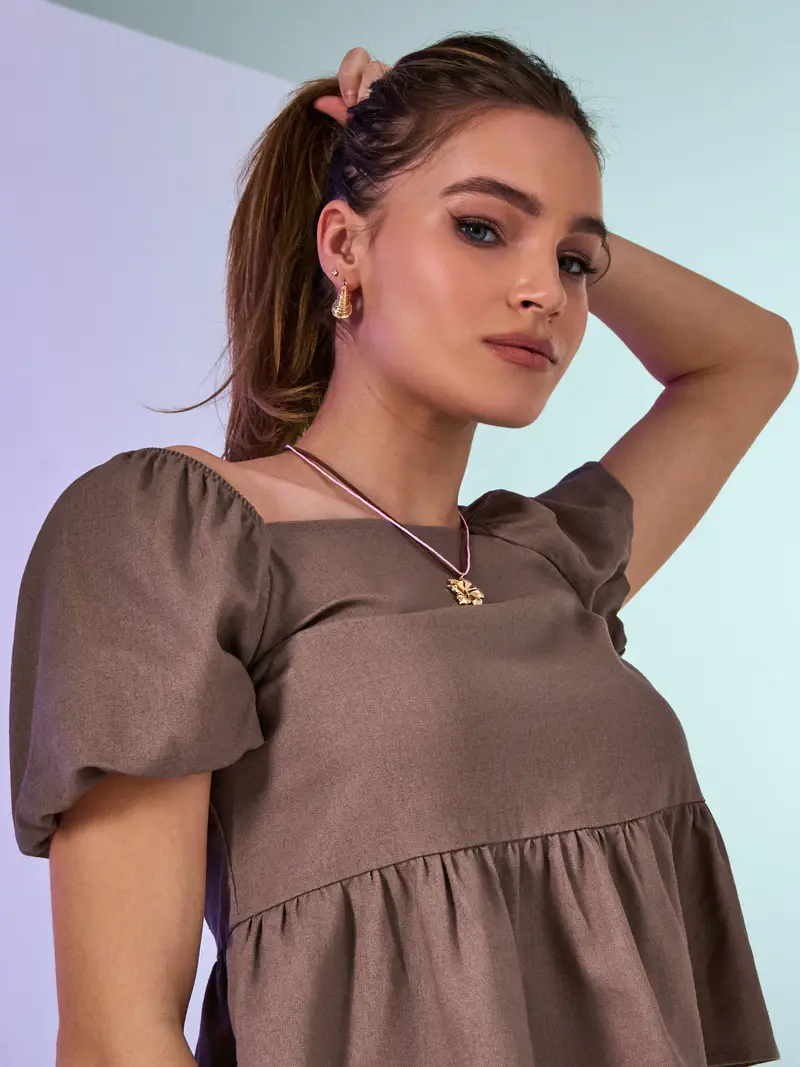 Blusa stile camicia con viscosa e misto lino - marrone scuro miniatura 5