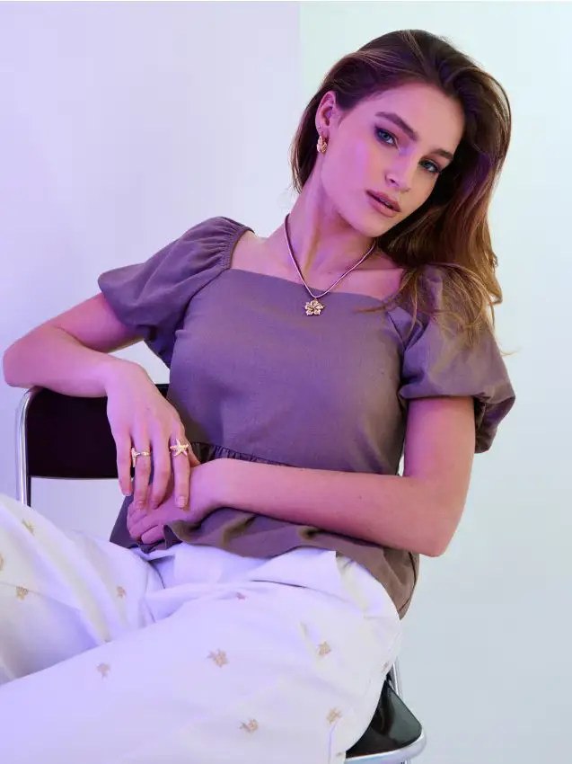 Blusa stile camicia con viscosa e misto lino - marrone scuro