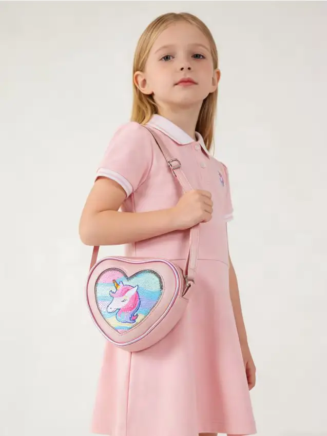 Borsa a tracolla a forma di cuore con motivo unicorno in paillettes - rosa