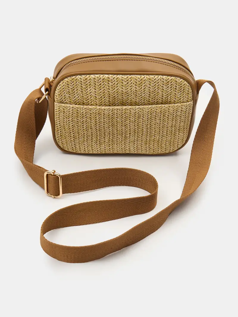Borsa messenger con tracolla regolabile e intreccio - beige miniatura 2