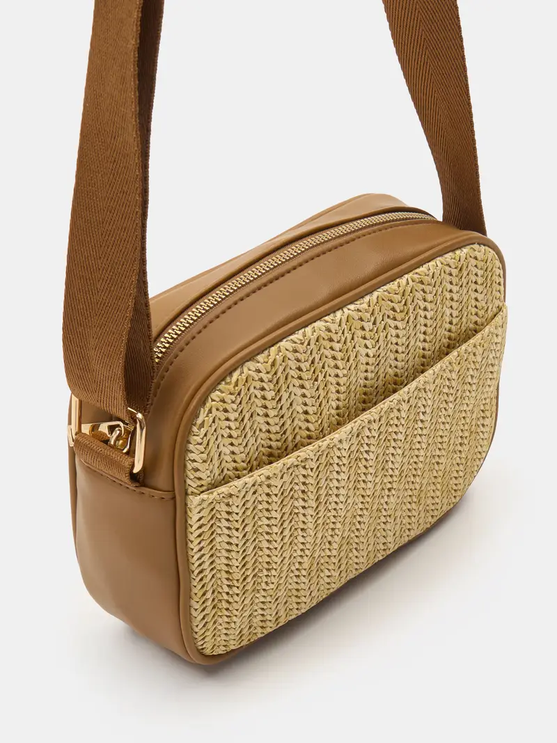 Borsa messenger con tracolla regolabile e intreccio - beige miniatura 3