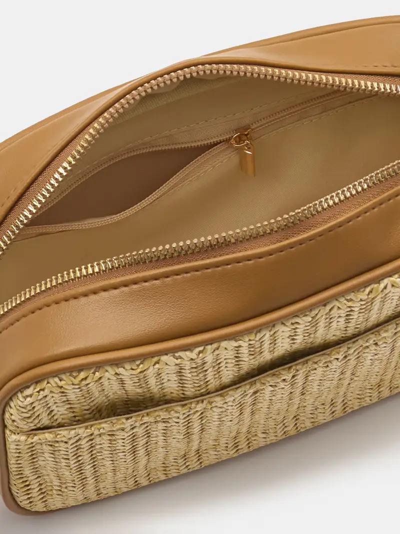 Borsa messenger con tracolla regolabile e intreccio - beige miniatura 4